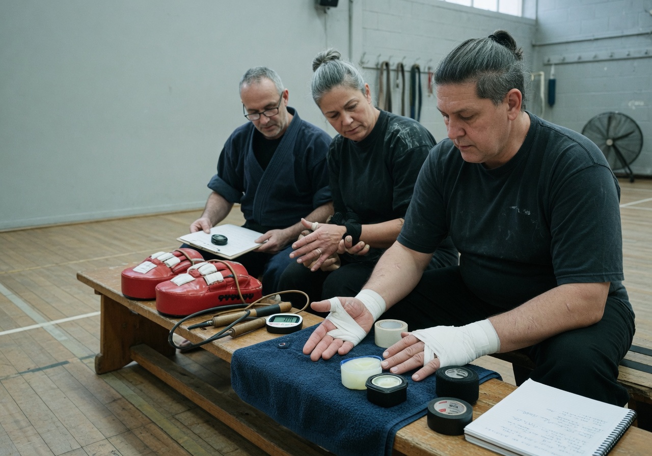 Training equipment and prepared hands laid out with order and precision.